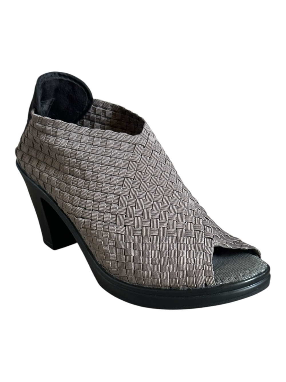 Bernie Mev Woven Peep Toe Heels Taupe Stretch Booties EU 37 US 6.5-7 NWOB